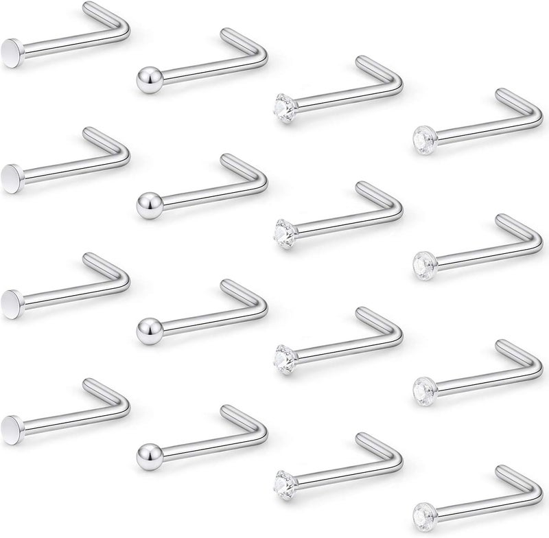 Hoeudjo Nose Studs Surgical Steel Cubic Zirconia Nose Rings Kit for Women Men 2mm Nose Stud Screw & Bone & L Shaped Nostril Rings Piercing Jewelry 22 Gauge 16 Pieces - Image 1